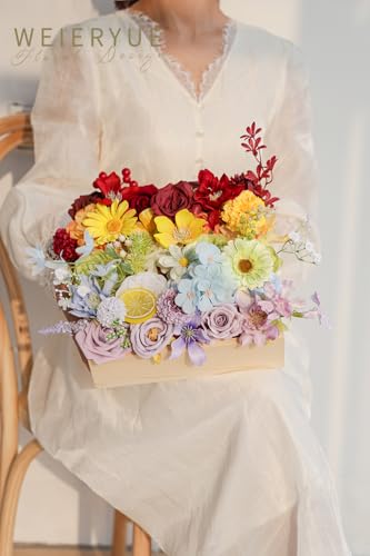 Artificial Flower Box Set Silk Fake Flowers DIY Center Cake Decoration Wedding Bouquet Corsage Home Decor Outdoor Decor Gift (Small Rainbow Flower) - color: Small Rainbow Flower