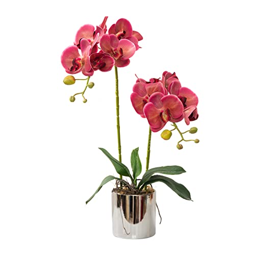 Artificial Orchid Flowers Fuchsia Faux Orchids with Ceramic Vase Vivid Fake Phalaenopsis Flower Arrangement Gorgeous Artificial Plants for Office Desk Wedding Party Exhibition Center&Home Table Decor - color: Fuchsia-silver