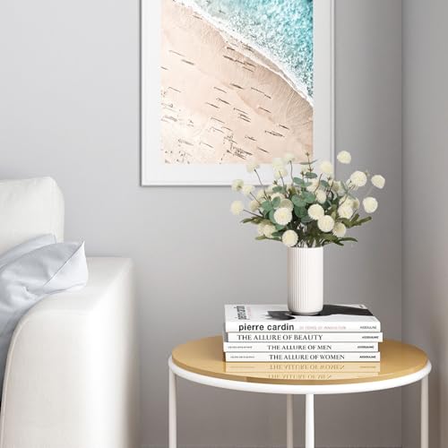 Fake Kiku Flowers,8 Stems Artificial Mum Flower with 3 Branches Eucalyptus Stems White Faux Flowers Silk Pom Pom Balls for Wedding Bouquet Home Office Party Floral Arrangements(White) - color: White