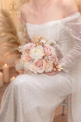 TINGE TIME Champagne White & Pink Wedding Bouquet 9in Artificial Toss Rose for Bride, Bridesmaid Artificial Flowers for Wedding Ceremony Anniversary Bridal Showers Wedding Church Decoration - color: Champagne&pink