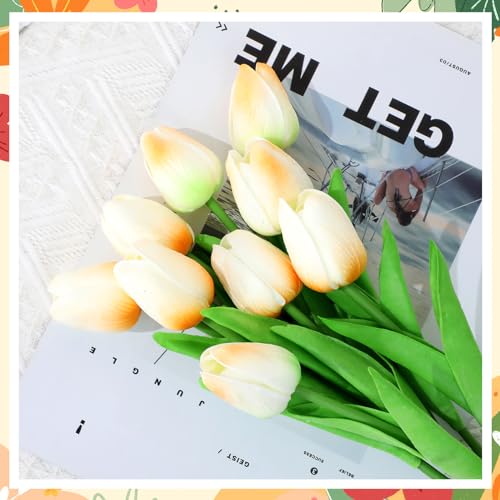 Jexine 100 Pcs Artificial Real Tulips Fake Artificial Tulip Flower Bulk Bouquet with Stem for Table Centerpieces Wedding Bridal Easter Mother's Day Garden Home Decor, 13.4''(Light Champagne) - color: Light Champagne