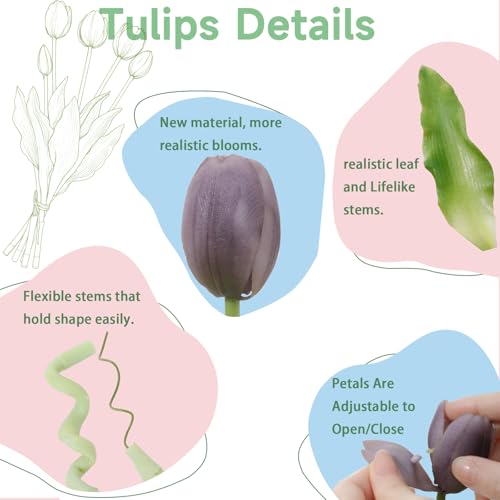 15 Pcs Fall Purple Artificial Tulips Fake Flowers, Premium Latex Lifelike Texture, UV Resistant Waterproof Faux Tulip Bouquets with Snap-on Petals for Outdoor, Home, Wedding Decor - color: Autumu Purple