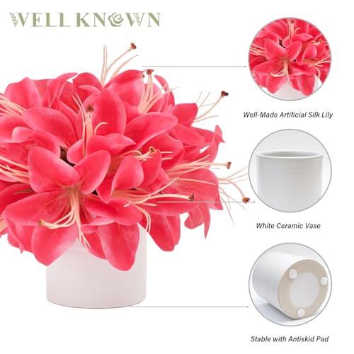 Artificial Flowers in White Vase, Fake Hot Pink Lily Flowers with White Ceramic Vase, Small Potted Faux Floral Arrangements for Home Coffee Tea Wedding Dining Table Centerpiece Lavatory Decor - color: Lily, Pink