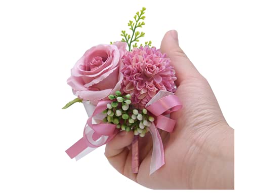 Rikyo 2 Pack Flower Wrist Corsage Boutonniere Set,3" Artificial Rose Carnation Wrist Corsage and Men Boutonniere Set,DIY Silk Flower for Wedding Flowers Accessories Prom Suit Decor (Violet) - color: Hot Pink