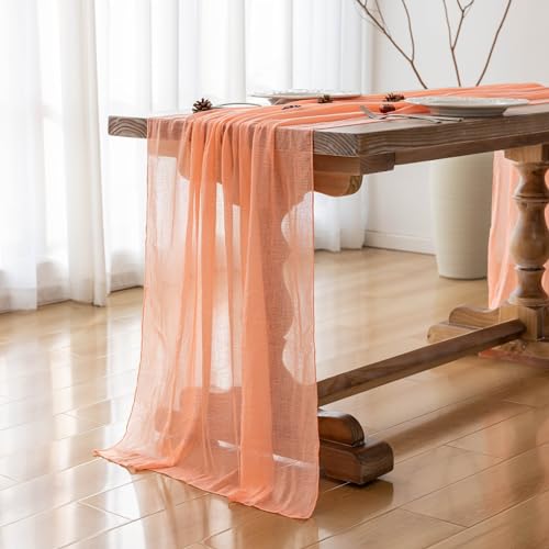 Keketoarrange 6pcs Fresh Salmon Cheesecloth Table Runner Valentines Decor Peach Echo Gauze 120 Inch 10 FT Boho Table Runner for Wedding Baby Shower Bridal Shower Party Sheer Spring Home Decorations - color: Coral Peach, size: 35"x120"(Pack of 6)