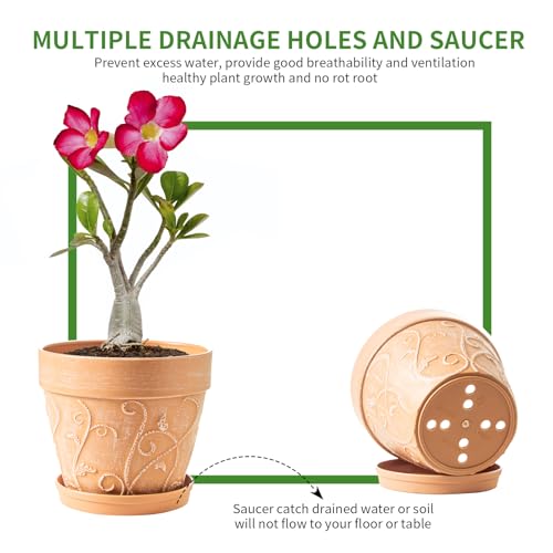 Melphoe Plant Pots Indoor with Drainage & Saucer, 2Pack 7 inch Flower Pots Outdoor Planters for Indoor Plants Garden Home Decor Cactus Succulent, Rigid Plastic (Imitation-Terracotta) Vine-Embossed - color: Terracotta Color, size: 7''