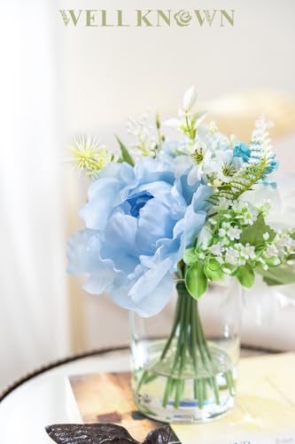 WELL KNOWN Artificial Flowers in Glass Vase with Fake Water, Silk Rose Dahlia Peony Flower Bouquet for Home Dining Coffee Table Office Hotel Wedding Party Lavatory Decor & Birthday Gift (Blue & White) - color: Blue &White