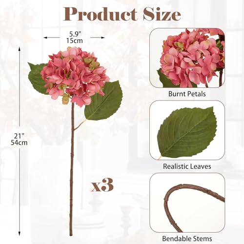 Hollyone 3Pcs Pink Hydrangea Artificial Flowers Faux Dried Touch Hydrangeas Silk Flowers with Stems Fake Florals Flower for Home Wedding Table Centerpiece Vase Arrangements Decorations - color: Pink - Dried Hydrangea