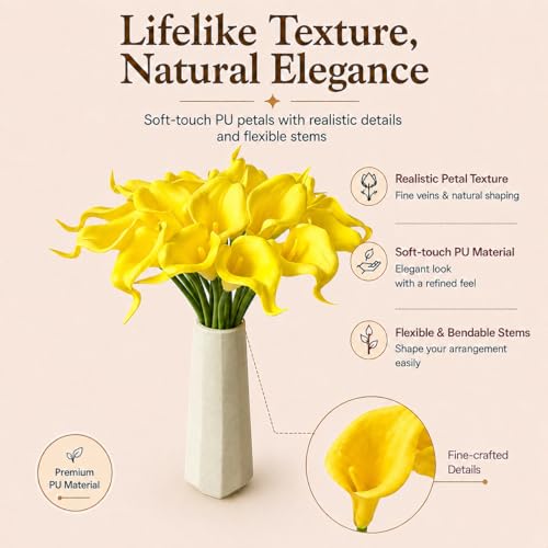 Mandy's 20pcs Pure Yellow Calla Lily Artificial Flowers | 13.5 Inch PU Realistic Bouquet for Vase Elegant Home Decor Centerpiece Wedding Bridal Bouquet Table Decoration - color: Pure Yellow