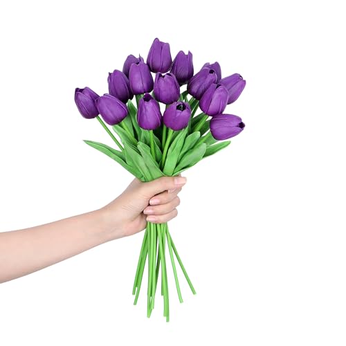 SITUMEIZI 15pcs Tulips Fake Artificial Flowers Real Touch 14" PU Flower for Home Decor Easter Spring Wedding Bouquet Decorations Mother's Gift Day Floral Arrangements(Deep Purple) - color: Deep Purple
