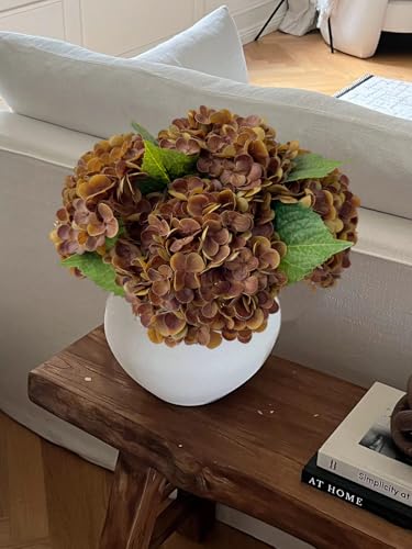 YalzoneMet 3 PCS Brown Hydrangea Artificial Flowers 21'' Real Touch Faux Latex Bronze Hydrangea Flowers for Tables Centerpieces Boho Fake Flowers for Vintage Home Kitchen Decor - color: Brown