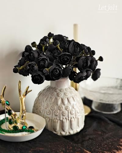Letjolt Ranunculus Artificial Flower 18 Pcs Black Silk Ranunculus Wedding Bouquet Engagement Centerpieces Arrangements Bridal Shower Decorations Home Decor, Black - color: Black