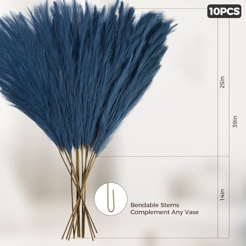 10 Pcs 39''/3.2FT Faux Pampas Grass Decor, Large Tall Fluffy Artificial Fake Flower, Bedroom Decor Boho Decor Pompas Floral for Vase Filler Farmhouse Home Wedding Decor (Blue) - color: Blue