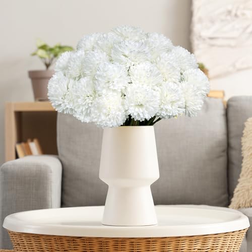 36 Pcs White Artificial Flowers Faux Ball Chrysanthemum Bouquet Silk Flowers Bridal Wedding Bouquet for Home Garden Party Office Coffee House Decoration (White) - color: White
