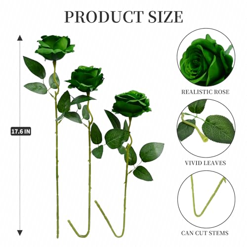 12pcs Rose Artificial Flowers, Fake Rose Silk Flower Bouquet, Faux Roses with Stems - 50cm, Roses Decor for Wedding & Home Decoration (Dark Green) - color: Dark Green