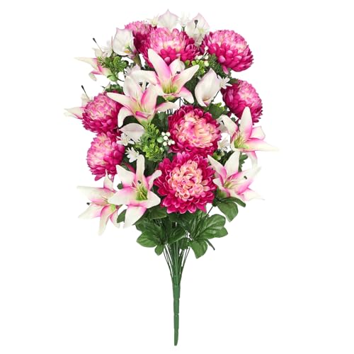 Briful Artificial Flowers for Cemetery, Cemetery Flowers for Grave, Weather Resistant Cemetery Flowers for Vase, Large Sympathy Grave Floral Arrangement with Lily Chrysanthemums Flowers - color: Fuchsia, size: 25.9 in. Cemetery Flowers Bouquet