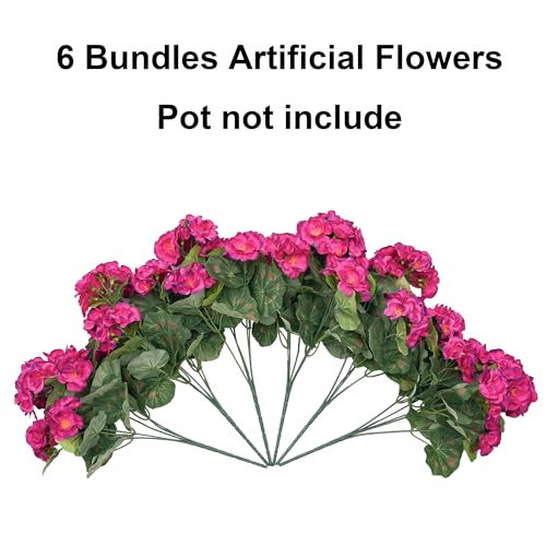 Fake Geraniums Artificial Flowers for Outdoors Outside, 6 Bundles Fuchsia Silk Geraniums Fake Flowers Plants Realistic UV Resistant Faux Flowers for Outdoor Planters Garden Balcony Yard Porch Indoor - color: Fuchsia