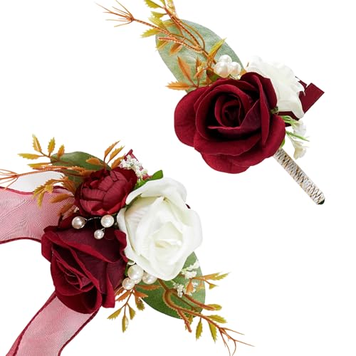 SITUMEIZI 2Pcs Wine Red Corsage and Boutonniere Set Wrist Corsage Bracelets and Boutonniere for Men Wedding Prom Party Suit Decor - color: Wine