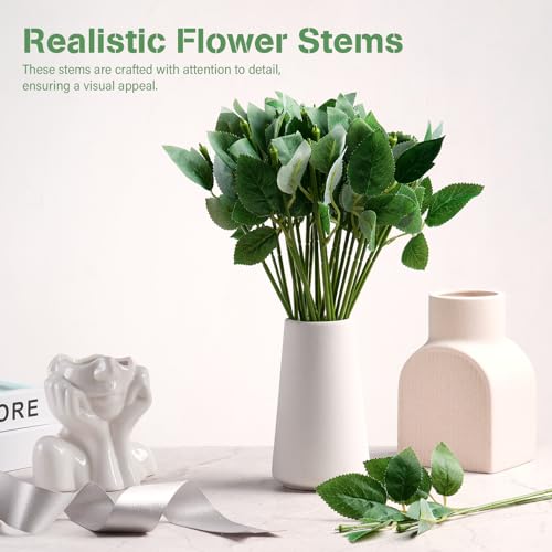 50 Pcs 13'' Rose Stems with Leaves, Fake Flower Stems, Faux Green Leaves Stems, Floral Arrangement Supplies, DIY Artificial Flowers Tools for Bouquet Wedding Party - color: Green