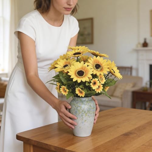 14" Artificial Sunflowers Arrangement in Green & Blue Speckled Ceramic Vase – Faux Sunflower Floral Centerpiece for Spring Home Décor, Tabletop, Shelf & Office Decoration