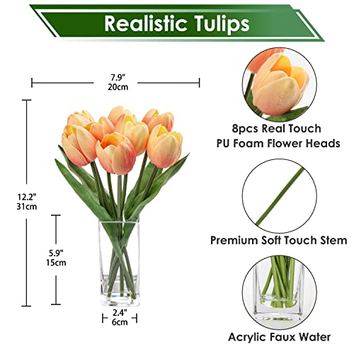 Briful Fake Flowers Artificial Tulip Flower Peach in Clear Vase, Real Touch Foam Tulip Arrangement Suitable for Home Office Decoration, Dining Table Centerpiece - color: Peach