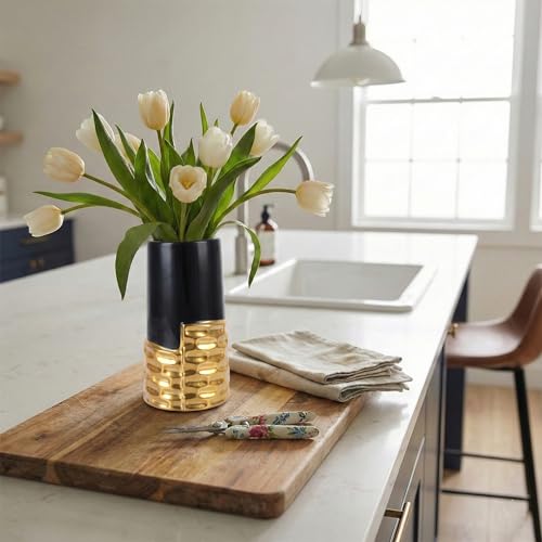 LCCCK 7.0" Gold Hammered Vase Home Decor, Elegant Ceramic Black and Gold Flower Vase for Pampas Grass Decorative, Boho Small Cylinder Vases Centerpiece, Dining Table Living Room Jarrones Art - color: Black and Gold