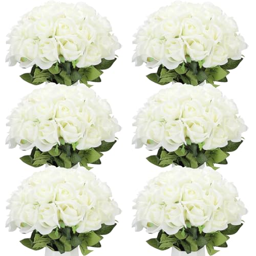 Jexine 50 Pcs Artificial Rose Flower Bulk Realistic Silk Fake Roses with Long Stem Plastic Artificial Flower Bouquet Real Looking for Home Wedding Centerpieces Party Decoration(Beige) - color: Beige