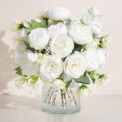 Luyue 2 Packs Peonies Artificial Flowers Vintage Faux Peony Bouquet Fake Flower for Vase Silk Floral Arrangements for Table Centerpiece Wedding Decoration Indoor Home Decor - color: White-2pcs