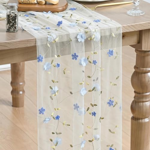 Artoid Mode Blue 3D Flower Gauze Embroidery Table Runner 120 Inch 10FT, Tulle Seasonal Spring Kitchen Dining Holiday Table Decor for Home Party - color: White-blue