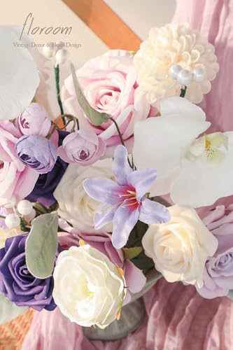 Floroom Lilac Lavender Purple Cream Artificial Flowers Fake Roses Dahlias and Greenery Combo Box Set for DIY Wedding Bouquets Bridal Shower Centerpieces Floral Arrangements Party Tables Decorations - color: Celestial Dream Lavender