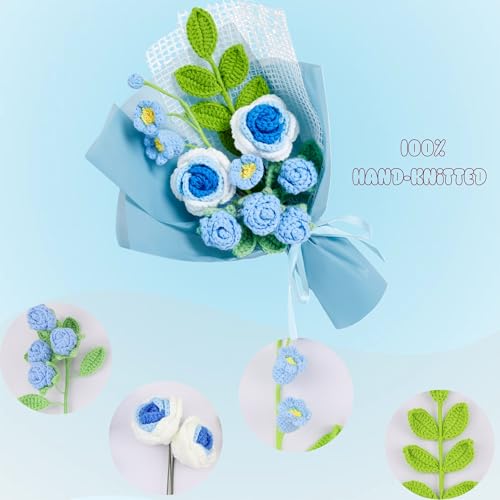 Crochet Flower Bouquet, Handmade Crochet Flowers Knitted Tulips Rose Bouquet Gift, Valentines Birthday Anniversary Knitted Flowers Gifts for Girlfriend Mother Wife Women (Blue) - color: Z-blue