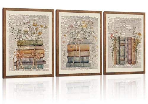 Vintage Book Wall Art Set of 3, Preppy Bow Floral Dictionary Book Canvas Prints, Floral Wildflower Wall Decor for Office Dorm Classroom Bedroom Home Decor 16x24in Wood Framed - color: Colorful Book, size: 24L" x 16W"