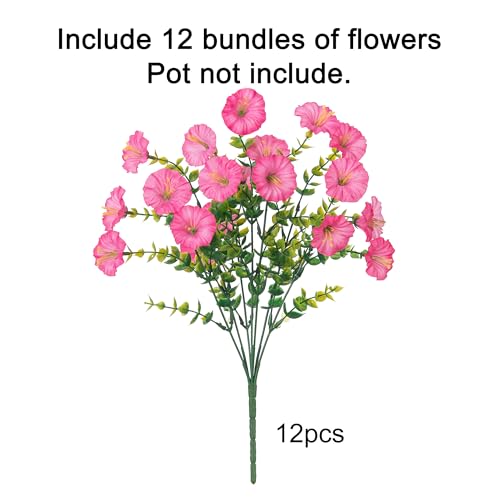 HyeFlora Artificial Flowers for Outdoors Fake Plants Outside Decoration, 12 Bundles Silk Pink Morning Glory with Eucalyptus UV Resistant Look Real Faux Flowers for Planter Front Door Yard Gardens Home - color: Gradient Pink