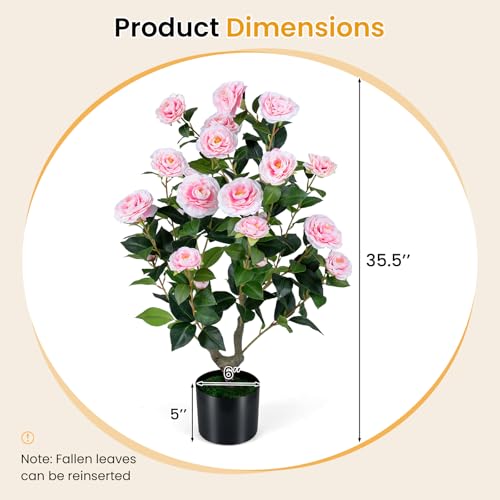 Goplus 35.5’’ Artificial Camellia Tree, Flower Plants Artificial Tree, Faux Floral Plant Blooming Tree in Cement Pot, Greenery Potted Plant for Indoor Outdoor Office Home Porch Decor - color: Pink, size: 2ft 11in