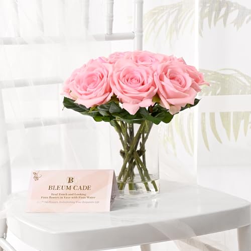 BLEUM CADE Luxury PU Fake Flowers in Vase with Faux Water, Pink Real Touch Roses Artificial Flowers with Glass Vase for Office Home Dining Room Centerpiece Table Decorations - color: Rose-pink