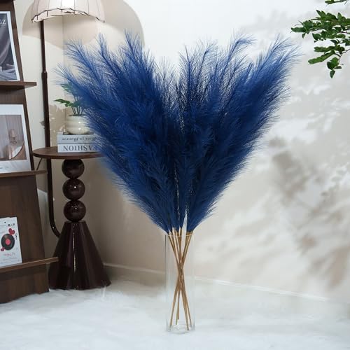 Premium Faux Dark Blue Pampas Grass – 43.3" Tall Fluffy Decor, 8pcs 18-Branch One-Piece Stems No Assembly, Luxury Silk-Feel Feather Flowers for Nautical Coastal Modern Home Decor Blue, 8 Stems/110cm - color: Faux Dark Blue, size: 8pcs 43.3"(110cm)