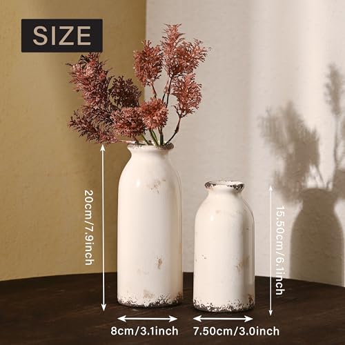 VICTOR & TERESA White Ceramic Vases Home Decor, Farmhouse Vase for Flowers, Flower Vase Set of 2, Rustic Decorative Vases for Pampas Grass, Table, Living Room, Shelf, Centerpieces, 8 inch - color: White