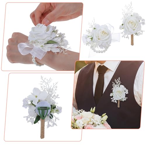 Grevosea 2 Pcs White Rose Corsage and Boutonniere Set, Artificial Wrist Double Pearl Corsage Wristlet Bracelets, Men Boutonniere for Wedding Party Formal Dinner Flowers Accessories Prom Suit Decor - color: White