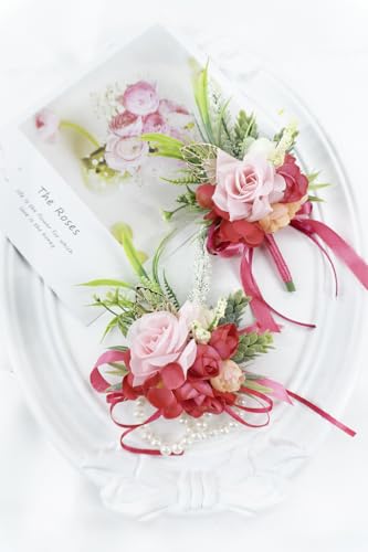2 Pcs Wrist Corsage and Boutonniere Set, Hot Pink Corsage for Wedding, Boutonniere for Men Artificial Rose Flower Wristlet Bracelet Prom Ceremony Anniversary Accessories Decor Suit - color: Hot Pink