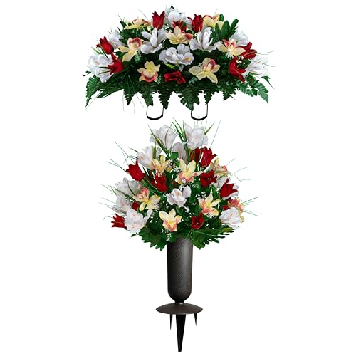 Sympathy Silks Artificial Cemetery Flowers - Grave Decoration - Red Tulips and White Iris (1) Headstone Saddle (1) Bouquet (1) Vase - color: Red/White, size: (1) Saddle (1) Bouquet (1) Vase