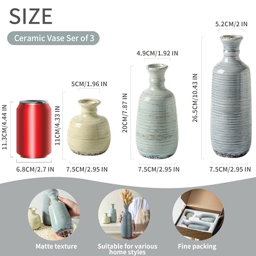 Ceramic Vase Set of 3, Rustic Neutral Vases Home Decor Farmhouse Decorative Flower Vase Modern Boho Pampass Vases for Table Mantel Entryway Shelf Living Room Kitchen Bathroom - Multicolor - color: 011 Vase Set - Multicolor