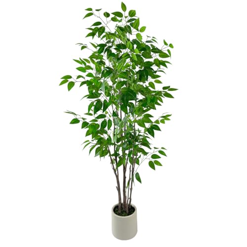 5ft Artificial Ficus Tree with White Plastic Planter | Collapsible trunk structure enables quick assembly and compact space-saving storage - color: Green, size: 5ft