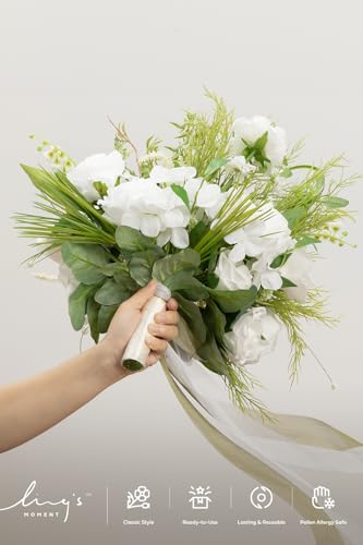 Ling's moment White Wedding Bouquets for Bride, Lily of The Valley Bridal Bouquets for Bride, 15 Inch Free Form Artificial Wedding Flower Bouquet - color: Wht-lily of the Valley White, size: Medium 15 Inch