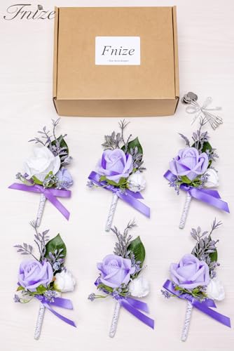 Fnize Purple Boutonniere for Men, 6 Pcs Groom Groomsmen Boutonnieres, Artificial Flowers for Wedding Prom Homecoming - color: Purple