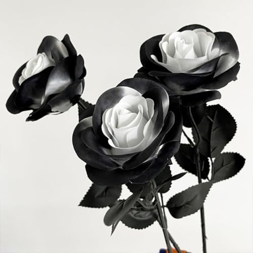 10 Bundles Black White Artificial Rose Flower,No Fade Roses,Single Stem Fake Silk Flowers Realistic Blossom Flora,for DIY Home~Halloween Decoration