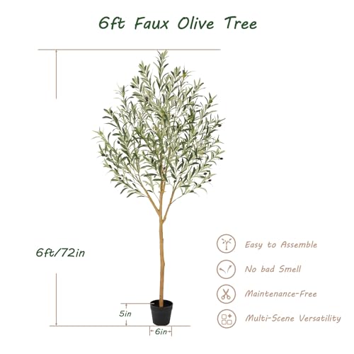 Bellacat 6ft Faux Olive Tree with Real Wood Trunk, 72in Artificial Olive Tree with Lifelike Fruits & Silk Leaves, Fake Olive Tree Indoor for Living Room Bedroom Office Decor - color: Green Olive Tree, size: 6ft