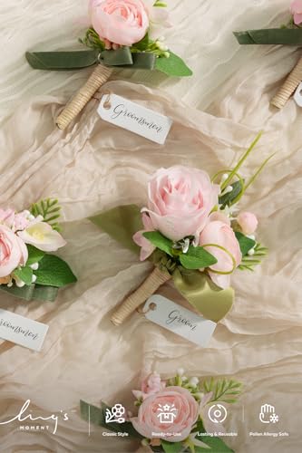 Ling's moment Boutonniere for Men, 6pcs Groom Groomsmen Boutonniere, Artificial Flowers for Wedding Decor/Prom/Homecoming, etc.Blush Pink - color: Pk-blush & Pink