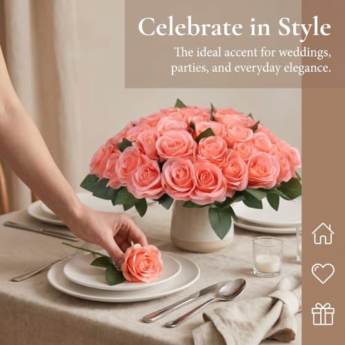 52pcs Coral Peach Roses Artificial Flowers Fake Flowers Silk Roses with Stems for DIY Wedding Bouquets Bridal Shower Centerpieces Arrangements Party Decorations - color: Coral Peach