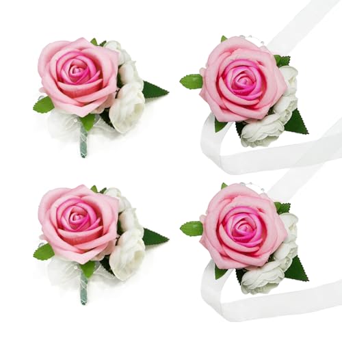 Wrist Corsage and Boutonniere Set, Artificial Rose Corsage Wristlet and Boutonniere for Wedding Prom Party (Pink, 2 Boutonniere&2 Wrist Corsage) - color: Pink, 2 Boutonniere&2 Wrist Corsage