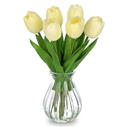 Oairse Fake Tulip Flowers Artificial in Glass Vase with Faux Water Real Touch Foam Tulip Arrangement Suitable for Dining Table Centerpiece Wedding Home Office Decoration (Cream Yellow) - color: Cream Yellow